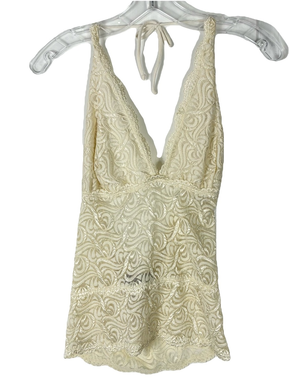 Bebe Top M Vintage Cream Lace Halterneck Y2K Nylon